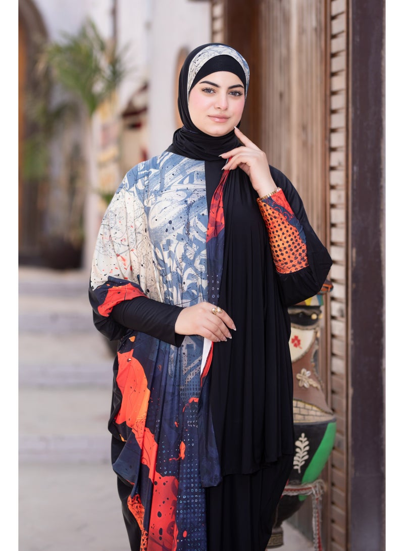 SATR HIJABI Women Printed Isdal Prayer Set – Full Coverage 2-Piece Prayer Outfit with Pocket, Soft Breathable Modest Islamic Wear Black Blue Orange - Image 5