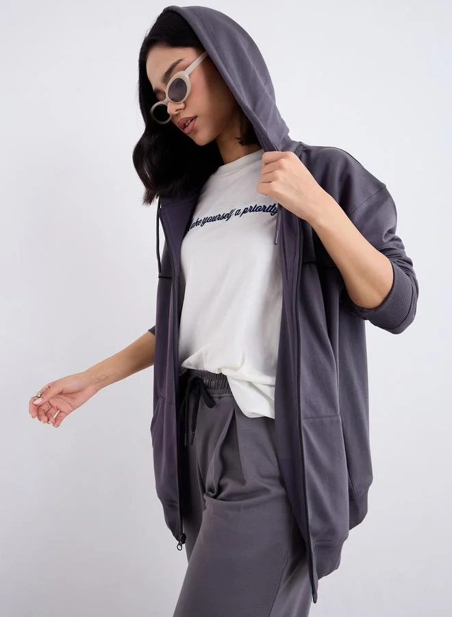 Styli Regular Fit Longline Hoodie with Piping Detail