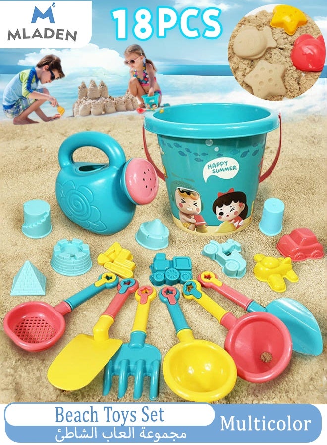 MLADEN 18 Piece Sand Beach Play Toys with Mesh Bag for Outdoor Play,Including Watering Can, Rake, Shovel,Bucket,Sand Molds,Summer Travel Sand Toys, Beach Toys for Toddlers Kids Boys Girls - Image 1