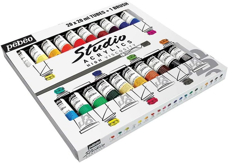 Pebeo Fine Studio Acrylics High Viscosity 28 Piece Set with 20 Tubes of 20 ml Paint and Brush - Image 1