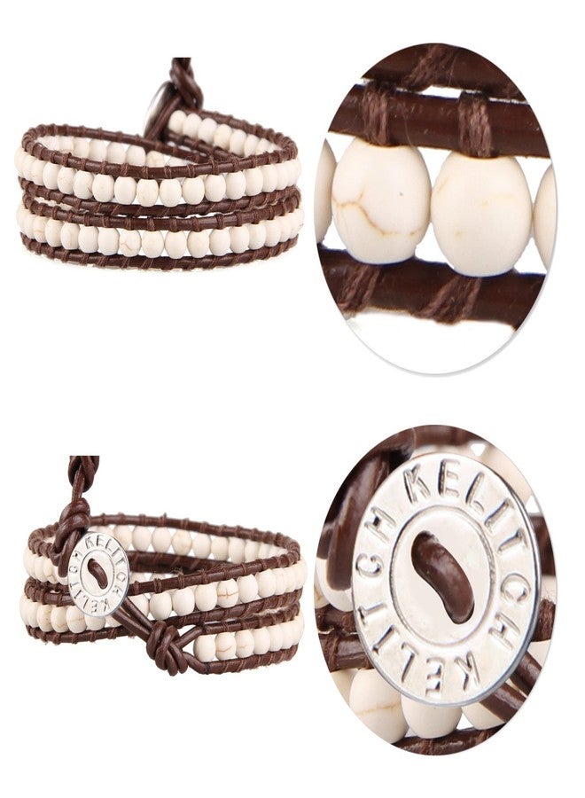 KELITCH 2 Wrap Leather Bracelet Handmade Friendship Braided Turquoise Beads Bracelets - Image 2