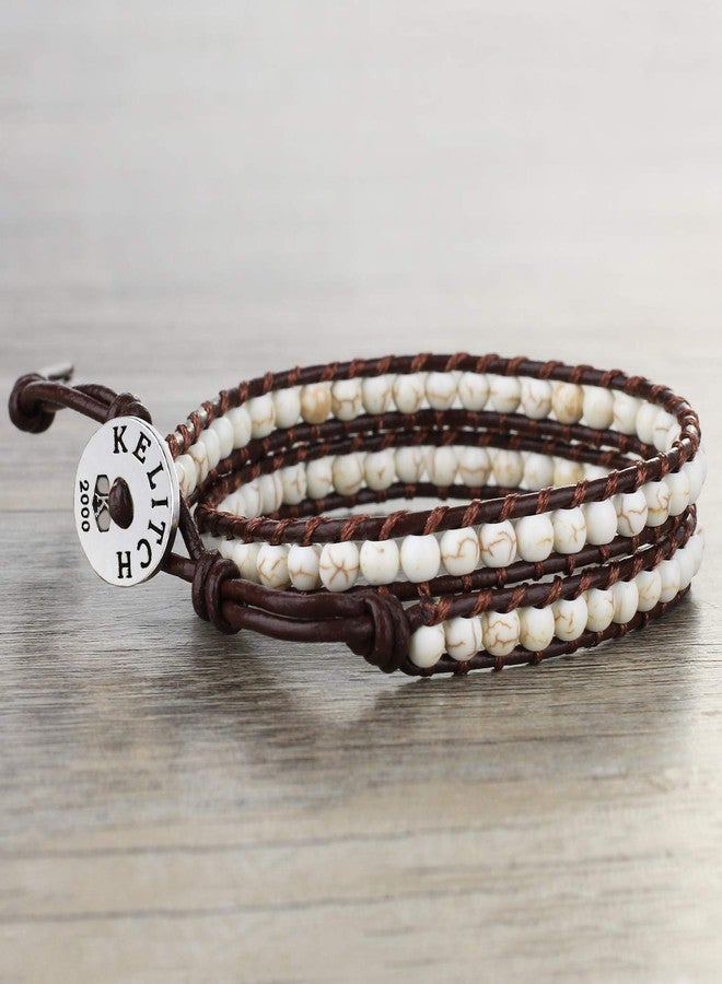 KELITCH 2 Wrap Leather Bracelet Handmade Friendship Braided Turquoise Beads Bracelets - Image 3