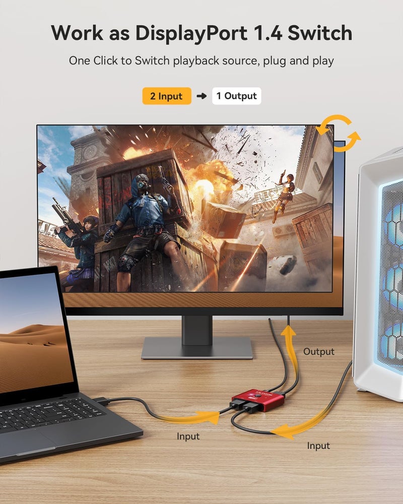 Vilcome DisplayPort Switch 8K Splitter, Plug & Play, One-Button Switching, Bidirectional Display Port Switcher Box 2 in 1 Out/ 1 in 2 Out, 8K@60Hz, 4K@120Hz, 1080P@240Hz for PC Monitor Laptop (Red) - Image 4