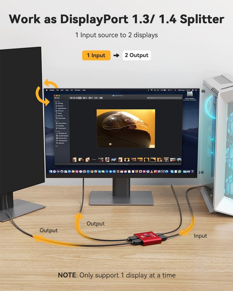 Vilcome DisplayPort Switch 8K Splitter, Plug & Play, One-Button Switching, Bidirectional Display Port Switcher Box 2 in 1 Out/ 1 in 2 Out, 8K@60Hz, 4K@120Hz, 1080P@240Hz for PC Monitor Laptop (Red) - Image 3