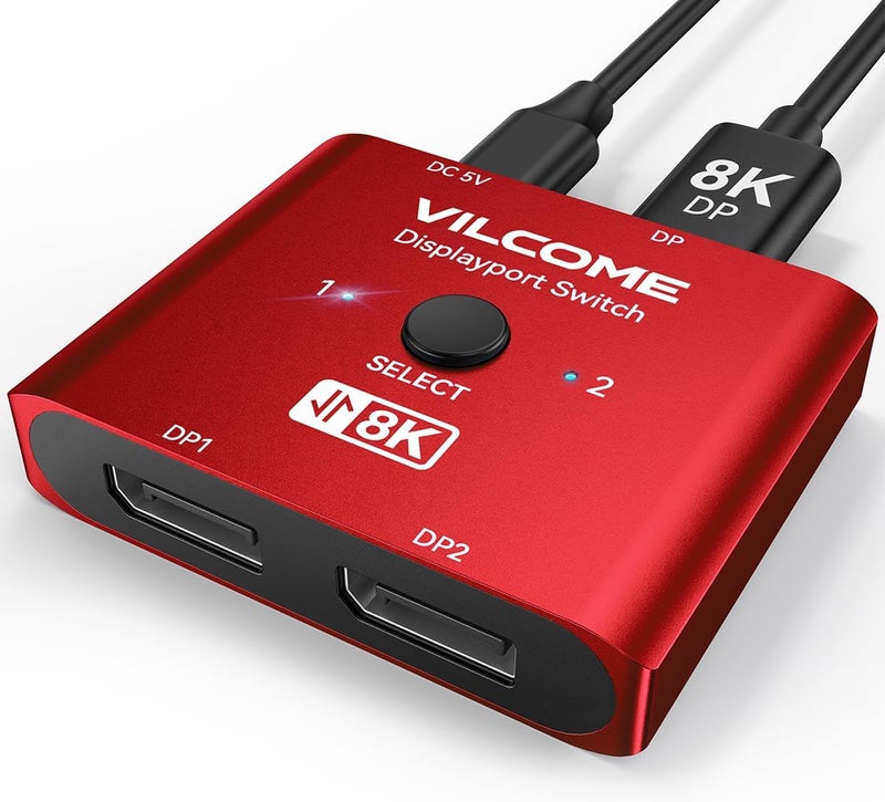 Vilcome DisplayPort Switch 8K Splitter, Plug & Play, One-Button Switching, Bidirectional Display Port Switcher Box 2 in 1 Out/ 1 in 2 Out, 8K@60Hz, 4K@120Hz, 1080P@240Hz for PC Monitor Laptop (Red) - Image 1