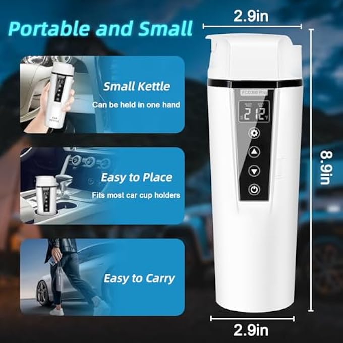 PFUTURE Car Electric Kettle 12V24V Portable Water Boiler  Heated Travel Mug With Adjustable Temperature For Coffee And Tea 304 Stainless Steel With Dry Burn Protection And Handy Cup BagWhite - Image 5
