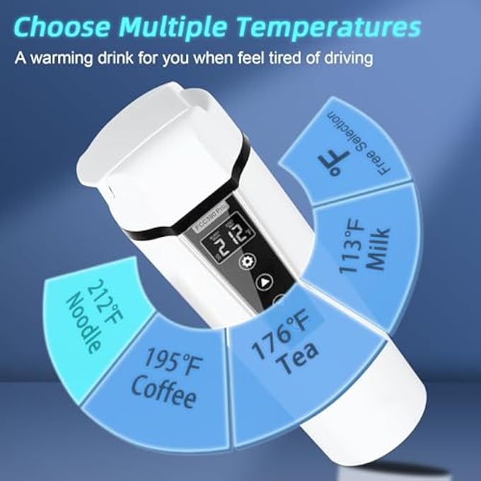 PFUTURE Car Electric Kettle 12V24V Portable Water Boiler  Heated Travel Mug With Adjustable Temperature For Coffee And Tea 304 Stainless Steel With Dry Burn Protection And Handy Cup BagWhite - Image 3