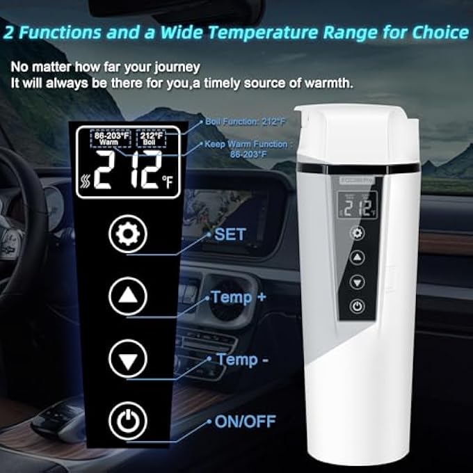 PFUTURE Car Electric Kettle 12V24V Portable Water Boiler  Heated Travel Mug With Adjustable Temperature For Coffee And Tea 304 Stainless Steel With Dry Burn Protection And Handy Cup BagWhite - Image 4