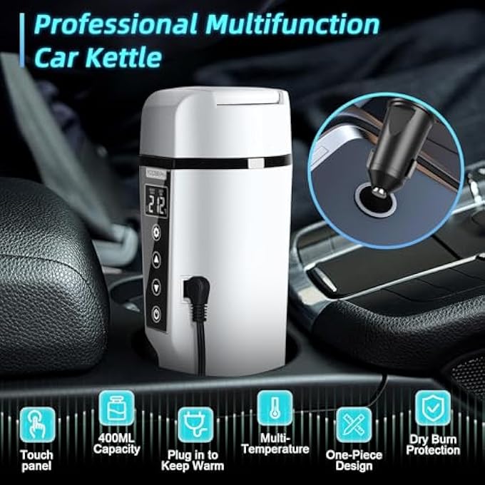 PFUTURE Car Electric Kettle 12V24V Portable Water Boiler  Heated Travel Mug With Adjustable Temperature For Coffee And Tea 304 Stainless Steel With Dry Burn Protection And Handy Cup BagWhite - Image 2