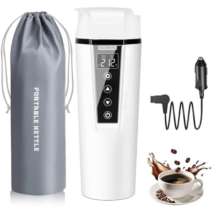 PFUTURE Car Electric Kettle 12V24V Portable Water Boiler  Heated Travel Mug With Adjustable Temperature For Coffee And Tea 304 Stainless Steel With Dry Burn Protection And Handy Cup BagWhite - Image 1