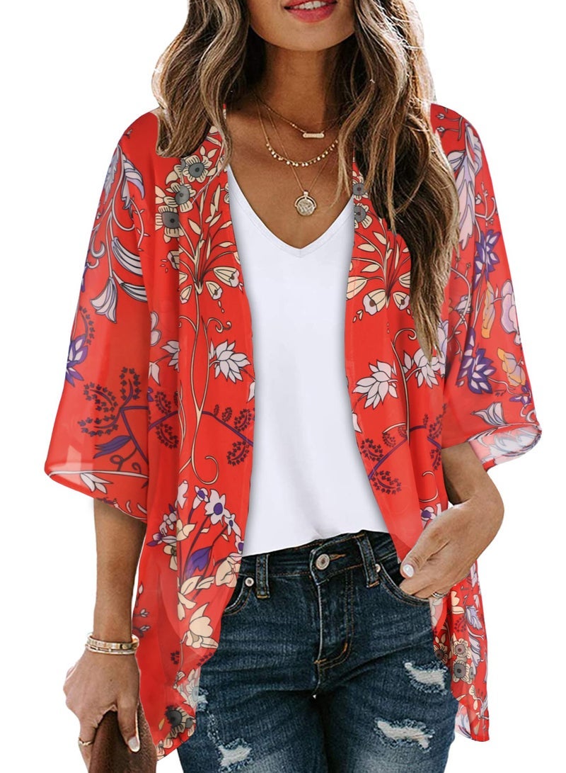 Captaintech Floral Print Puff Sleeve Kimono Cardigan Loose Cover Up Casual Blouse Tops, Boho Red - Image 1
