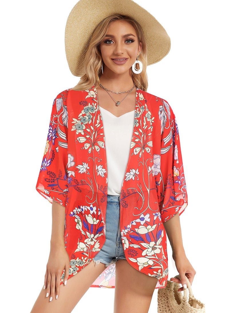 Captaintech Floral Print Puff Sleeve Kimono Cardigan Loose Cover Up Casual Blouse Tops, Boho Red - Image 3