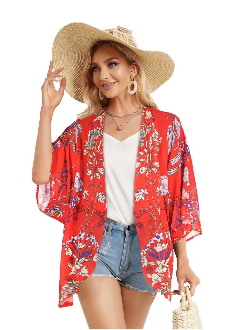 Captaintech Floral Print Puff Sleeve Kimono Cardigan Loose Cover Up Casual Blouse Tops, Boho Red - Image 4