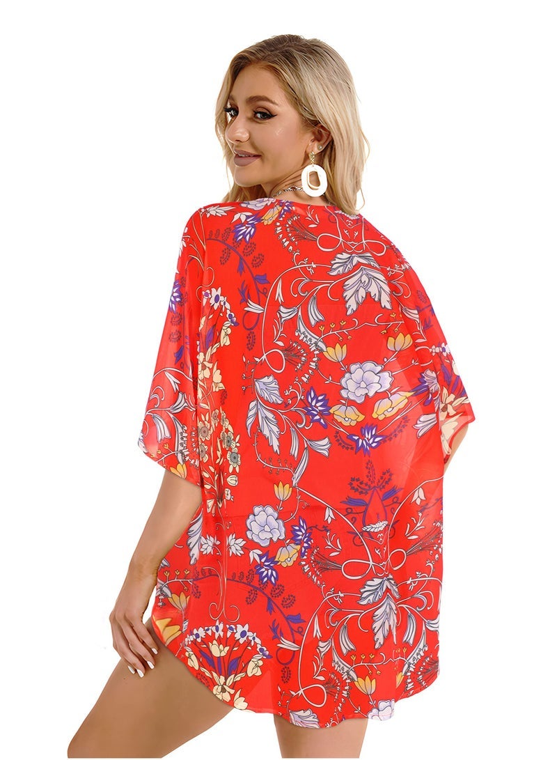 Captaintech Floral Print Puff Sleeve Kimono Cardigan Loose Cover Up Casual Blouse Tops, Boho Red - Image 5