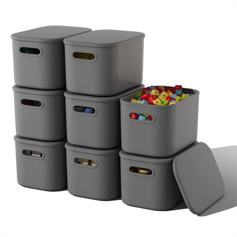 ORGIDOL 8 Pack Dark Grey Storage Bins with Lids Stackable Storage Container for Organizing, Storage Boxes with Handle for Shelves, Cute Organizer Bins for Craft, Snacks, 9.85x6.9x5.7 inch - Image 1