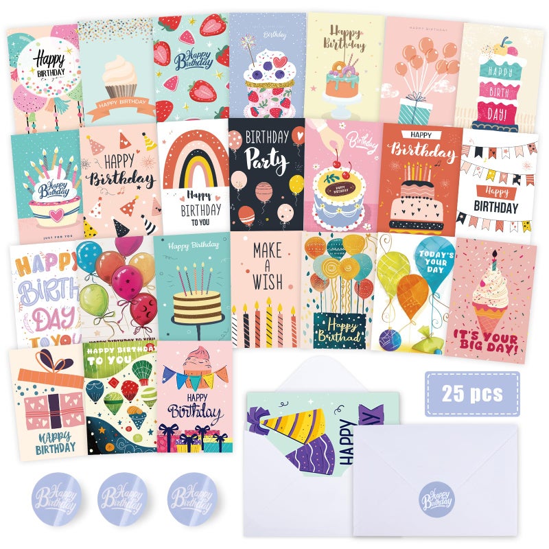 FUHITIM Birthday Cards,25 Pcs Blank Cards with Envelopes & Stickers,25 Design,4x6 Inches Happy Birthday Card,Birthday Card for Kids,Friends,Family and Colleagues - Image 1