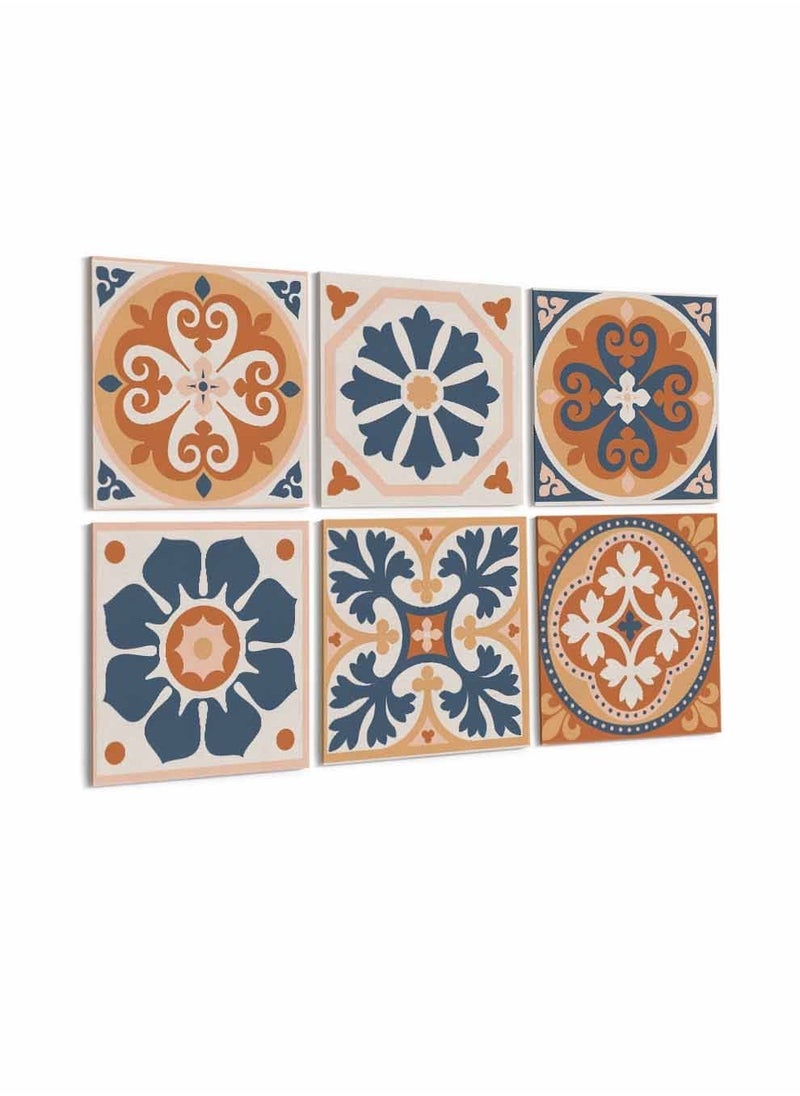 LOWHA Set Of 6 Framed Square Canvas Wall Arts Stretched Over Wooden Frame, Azulejo Abstract Painting, For Home, Living Room, Office Decor  - Image 1