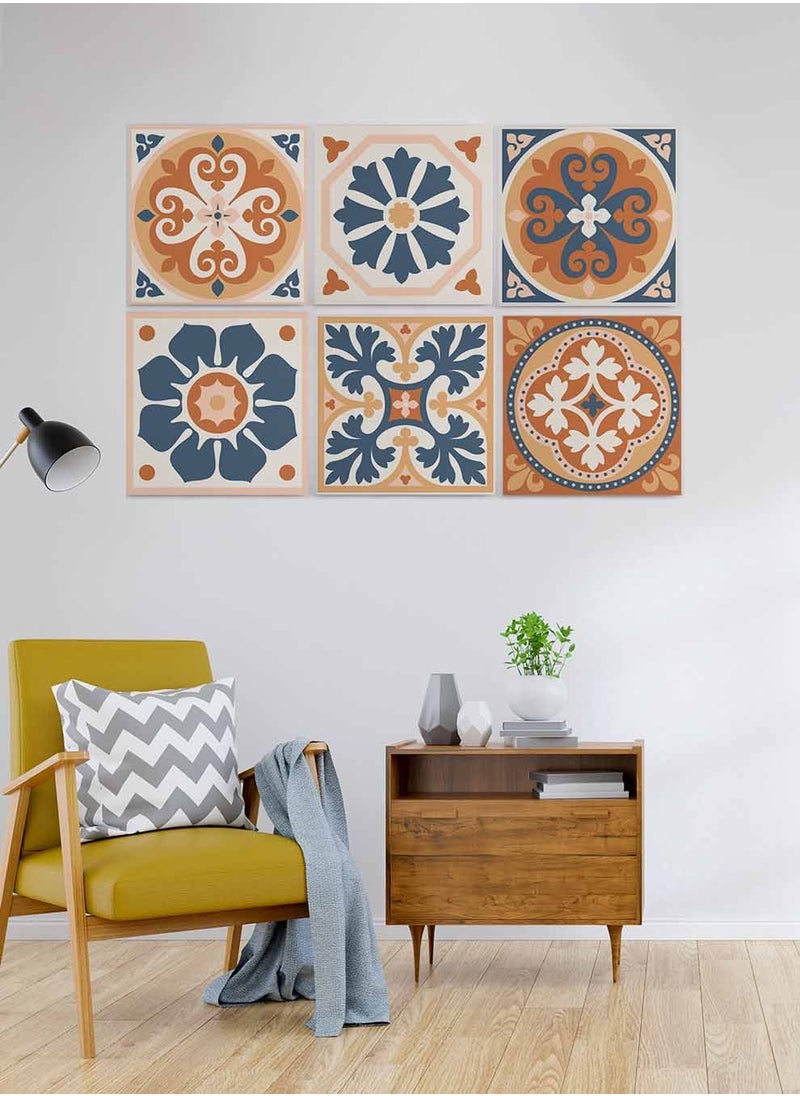 LOWHA Set Of 6 Framed Square Canvas Wall Arts Stretched Over Wooden Frame, Azulejo Abstract Painting, For Home, Living Room, Office Decor  - Image 4