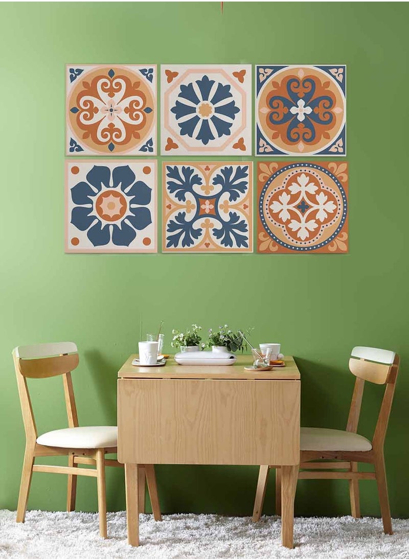 LOWHA Set Of 6 Framed Square Canvas Wall Arts Stretched Over Wooden Frame, Azulejo Abstract Painting, For Home, Living Room, Office Decor  - Image 3