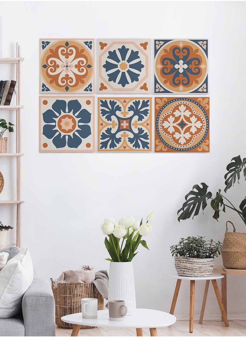 LOWHA Set Of 6 Framed Square Canvas Wall Arts Stretched Over Wooden Frame, Azulejo Abstract Painting, For Home, Living Room, Office Decor  - Image 2