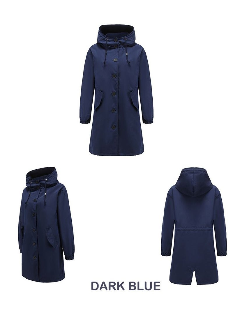 Loquat Women's New Waterproof Hooded Windbreaker Casual Long Coat Dark Blue  - Image 2
