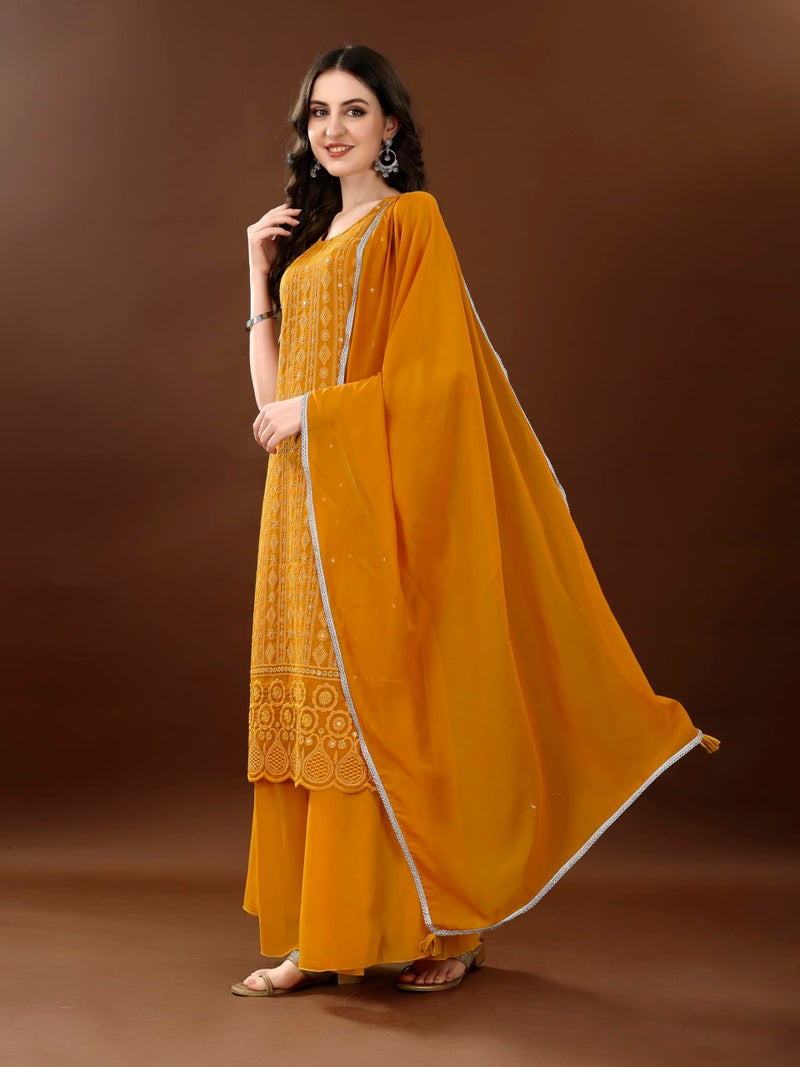 SHOPPING QUEEN Women's Georgette Straight Fit Embroidered Kurta Palazzo with Dupatta (A549_Gold Mustard_XS) - Image 3