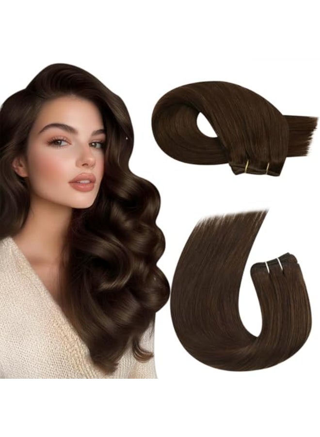 Moresoo Weft Hair Extensions Human Hair Dark Brown Double Weft Sew in Hair Extensions Real Human Hair Brown Human Hair Weft Extensions Dark Brown 4 100G 16inch - Image 1