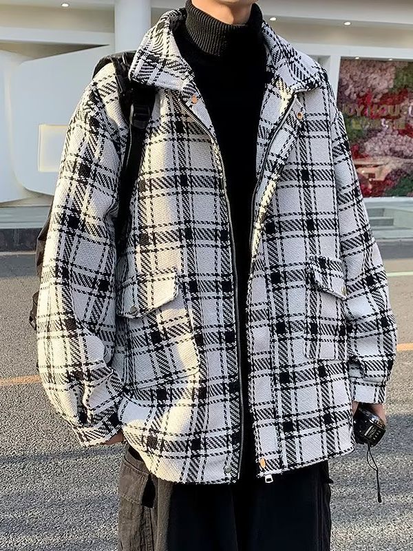 Plaid Coat mens autumn new casual mens mens jacket Spring and Autumn Winter Hong Kong style trendy handsome mens jacket Black - Image 3