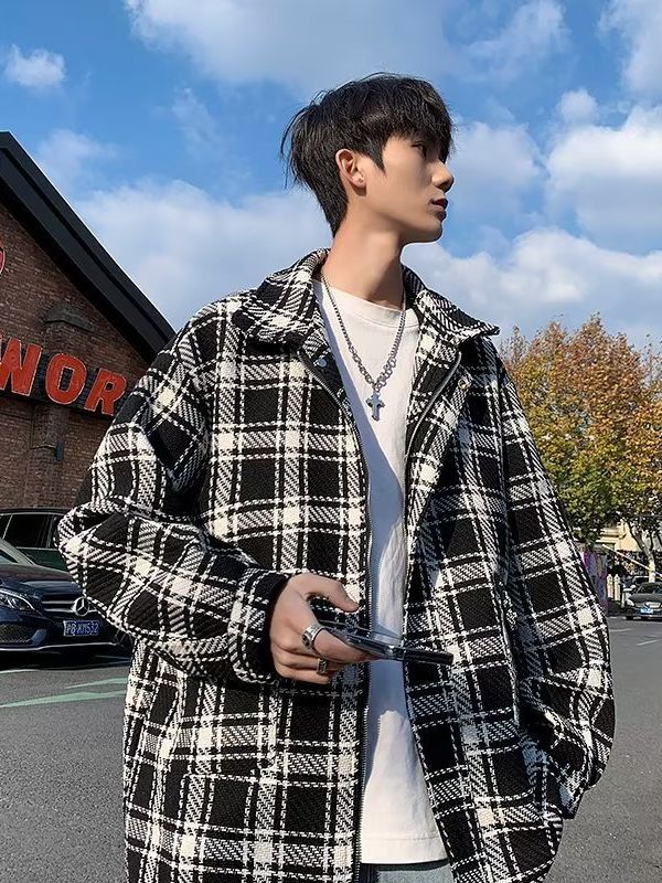Plaid Coat mens autumn new casual mens mens jacket Spring and Autumn Winter Hong Kong style trendy handsome mens jacket Black - Image 5