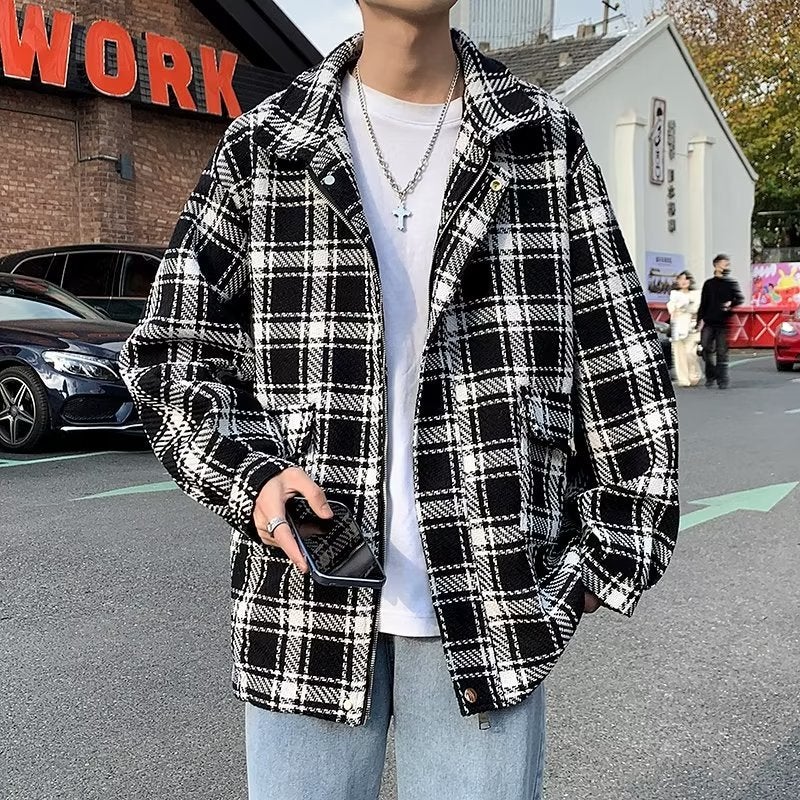 Plaid Coat mens autumn new casual mens mens jacket Spring and Autumn Winter Hong Kong style trendy handsome mens jacket Black - Image 1