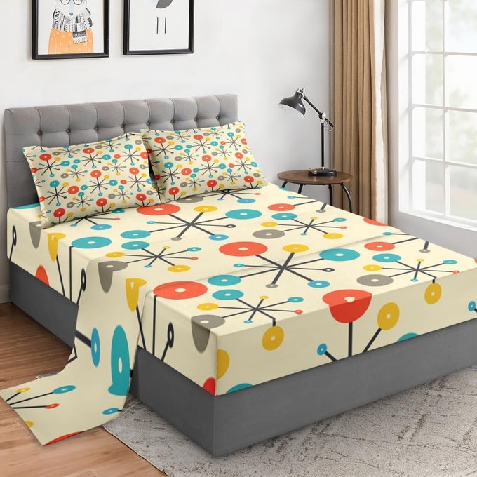 4 PIECES QUEEN SIZE BED SHEET SETS WITH PILLOWCASES MID CENTURY RETRO 50S ATOMIC SOFT MICROFIBER BEDDING FOR KIDS AND ADULTS FLAT FITTED SHEET FOR BEDROOM BED DECOR
