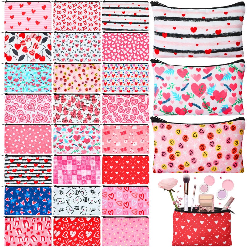 Meanplan 24 Pcs Valentine's Day Cosmetic Bags Heart Love Makeup Bags Travel Zipper Cosmetic Organizer Valentine's Day Gift for Women and Girls 24 Styles - Image 1