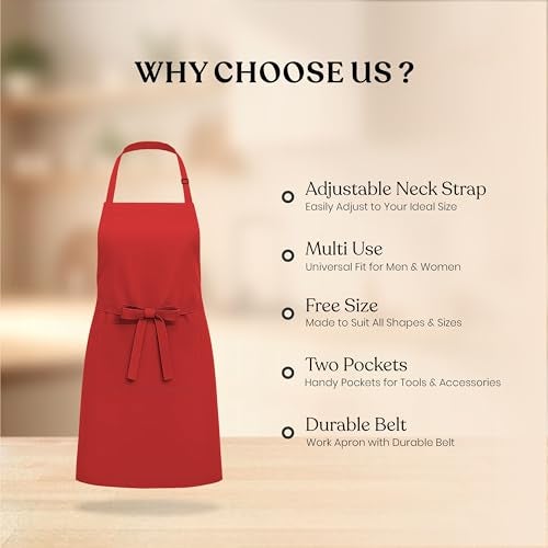 CRASOME Apron for Kitchen | Unisex Cooking Apron with 2 Pockets and Adjustable Straps | Apron for Chef, Hotel, Cafe, Restaurant, Gardening, Workshop (Red) - Image 2