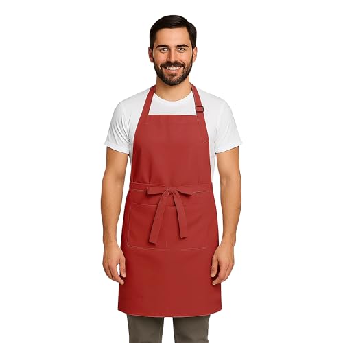 CRASOME Apron for Kitchen | Unisex Cooking Apron with 2 Pockets and Adjustable Straps | Apron for Chef, Hotel, Cafe, Restaurant, Gardening, Workshop (Red) - Image 1