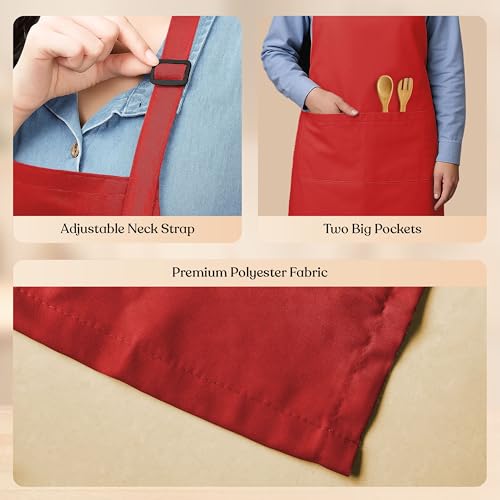 CRASOME Apron for Kitchen | Unisex Cooking Apron with 2 Pockets and Adjustable Straps | Apron for Chef, Hotel, Cafe, Restaurant, Gardening, Workshop (Red) - Image 3