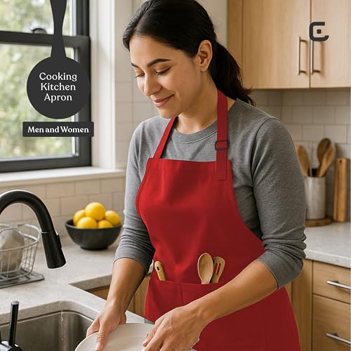 CRASOME Apron for Kitchen | Unisex Cooking Apron with 2 Pockets and Adjustable Straps | Apron for Chef, Hotel, Cafe, Restaurant, Gardening, Workshop (Red) - Image 5