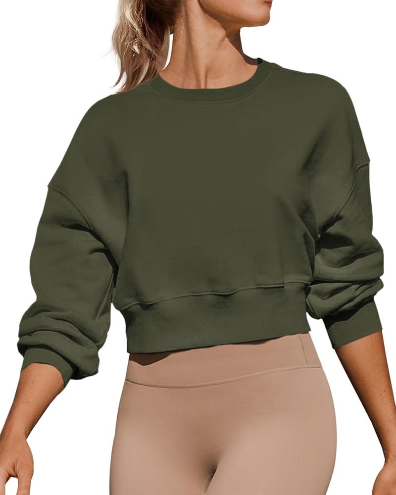 Joywayco Women's Long Sleeve Round Neck Cropped Sweatshirts Comfy Fleece Casual Pullover Tops (Army Green,Small,Female,Adult,US,Alpha,Small,Regular,Regular) - Image 1