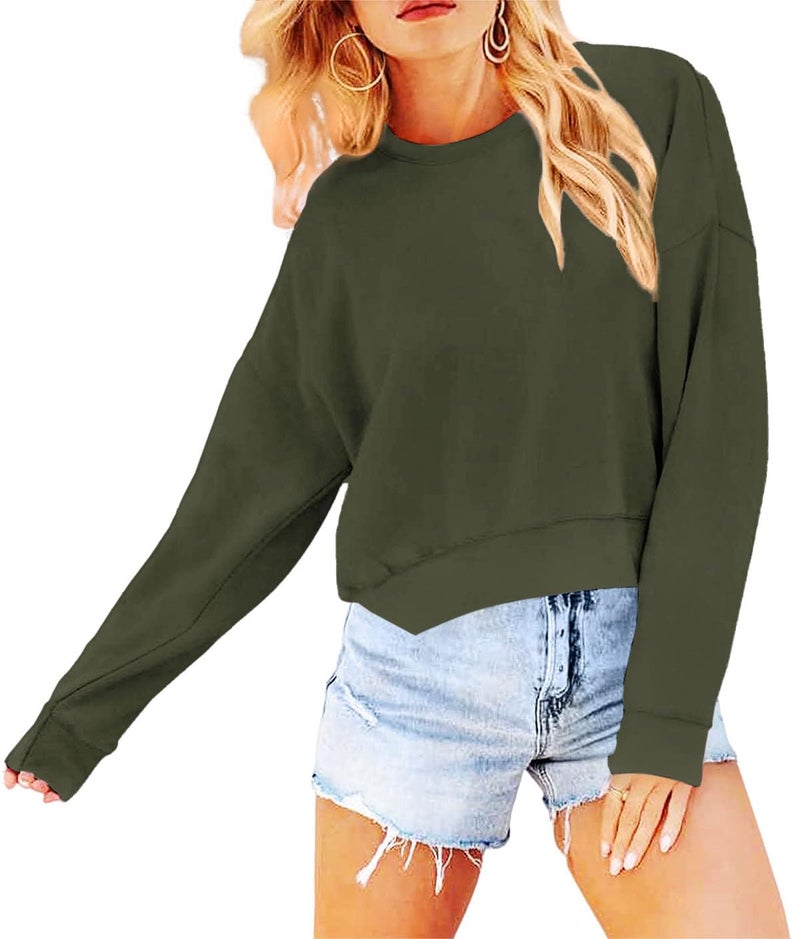 Joywayco Women's Long Sleeve Round Neck Cropped Sweatshirts Comfy Fleece Casual Pullover Tops (Army Green,Small,Female,Adult,US,Alpha,Small,Regular,Regular) - Image 2