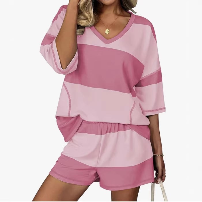 Women's Color-Block Half-Sleeve Oversized Shorts Casual Sportswear Two-Piece Set - Image 4