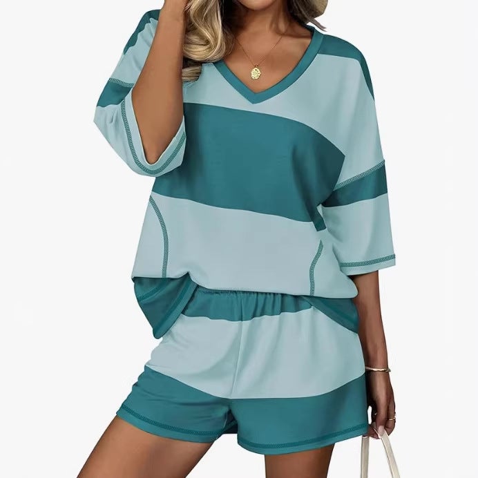 Women's Color-Block Half-Sleeve Oversized Shorts Casual Sportswear Two-Piece Set - Image 1