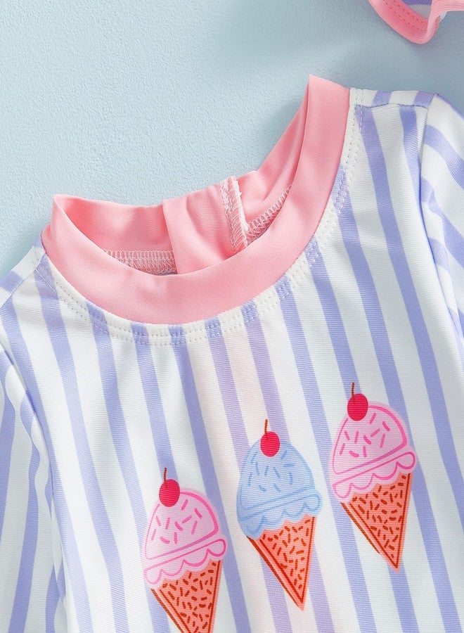 Yoawdats Toddler Girl Rash Guard Swimsuit Long Sleeve Ice Cream Embroidery Ruffled Swimwear with Waterproof Swimming Hat (Pink, 18-24 Months) - Image 3