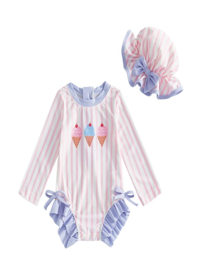 Yoawdats Toddler Girl Rash Guard Swimsuit Long Sleeve Ice Cream Embroidery Ruffled Swimwear with Waterproof Swimming Hat (Pink, 18-24 Months) - Image 1