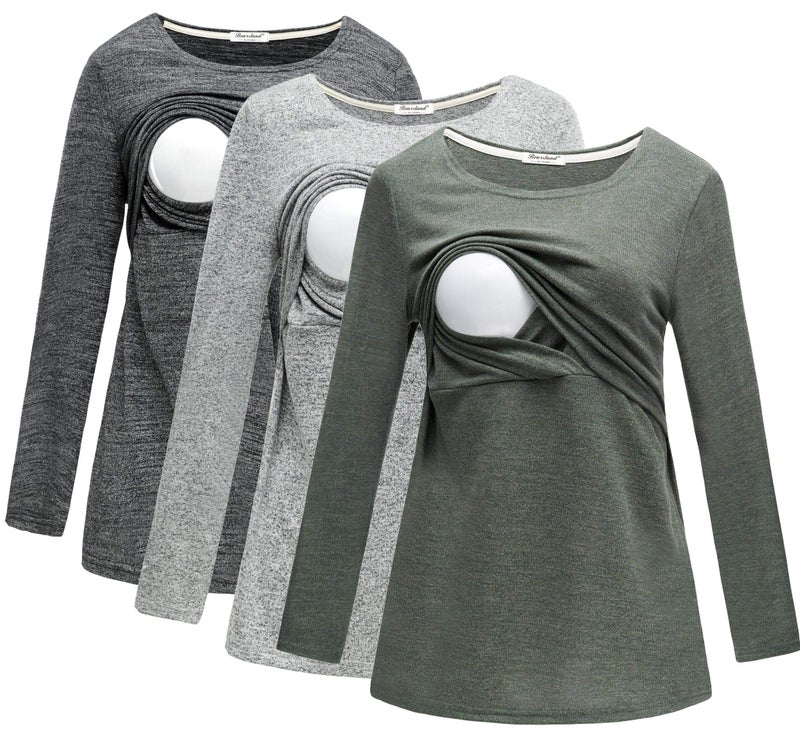 Bearsland Women's Maternity Clothes Long Sleeves Breastfeeding Shirts and Nursing Top,blackgraygreen,M - Image 1