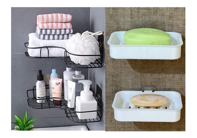 SELFADHESIVE METAL BATHROOM CORNER RACK STORAGE SHELVES BATHROOM STORAGE RACK CORNER STEEL BATHROOM CORNER SHELF ORGANIZER 2 METAL CORNER 2 SOAP STAND