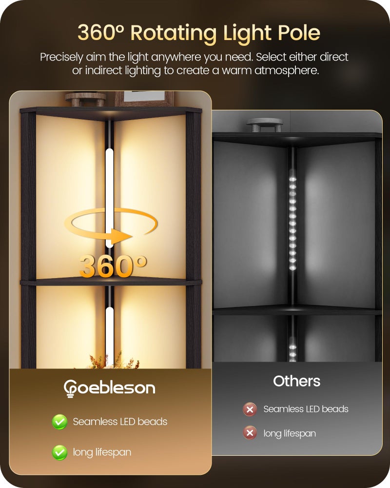 GOEBLESON 63.4â€ Display Shelf with Light, Modern Corner Floor Lampe with Shelves, LED Dimmable Standing Lamp with Remote for Living Room, Bedroom, Office, Adjustable CCT, Black Triangle B55LD05 - Image 5