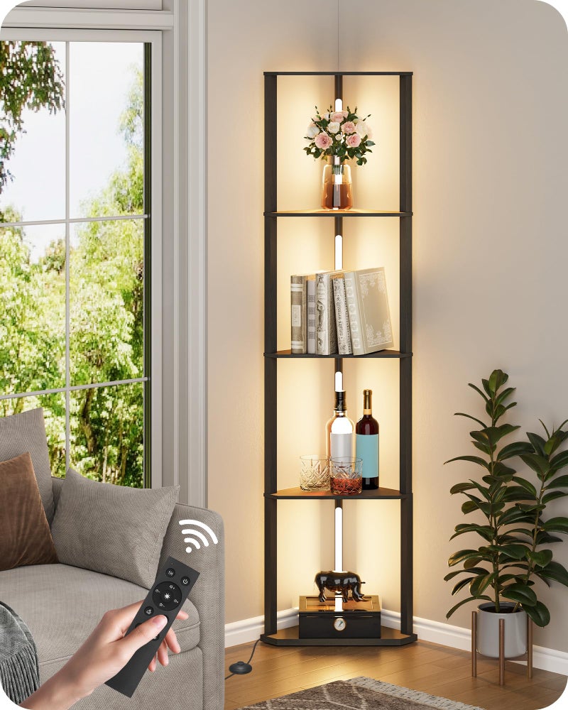 GOEBLESON 63.4â€ Display Shelf with Light, Modern Corner Floor Lampe with Shelves, LED Dimmable Standing Lamp with Remote for Living Room, Bedroom, Office, Adjustable CCT, Black Triangle B55LD05 - Image 1