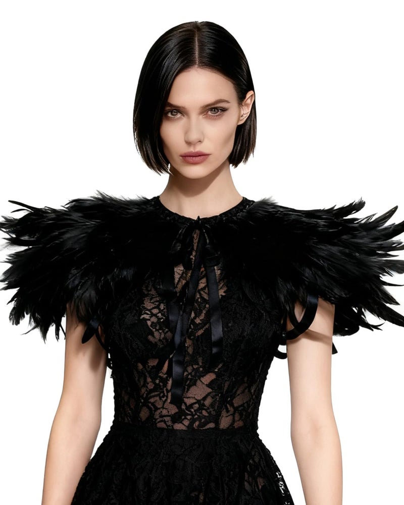 L'VOW Black Feather Shrug Cape Shawl Collar Halloween Costumes for Women (Black-004) - Image 1