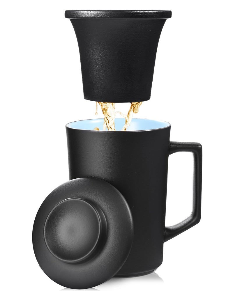 Foinly 15 oz Ceramic Tea Infuser Cup with Lid - Tea Mug with All Porcelain Strainer for Loose Leaf Teas,Microwave and Dishwasher Safe,Metal-Free,BPA-Free for Tea Lovers/Easter Day (Black) - Image 1