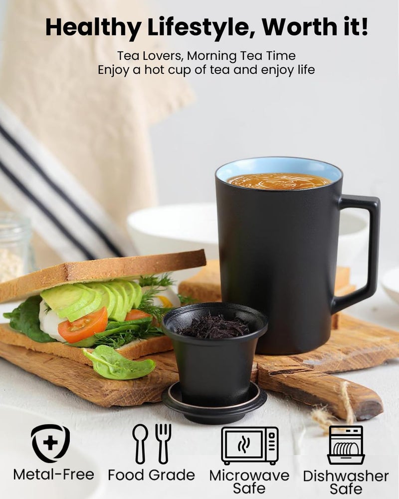 Foinly 15 oz Ceramic Tea Infuser Cup with Lid - Tea Mug with All Porcelain Strainer for Loose Leaf Teas,Microwave and Dishwasher Safe,Metal-Free,BPA-Free for Tea Lovers/Easter Day (Black) - Image 4