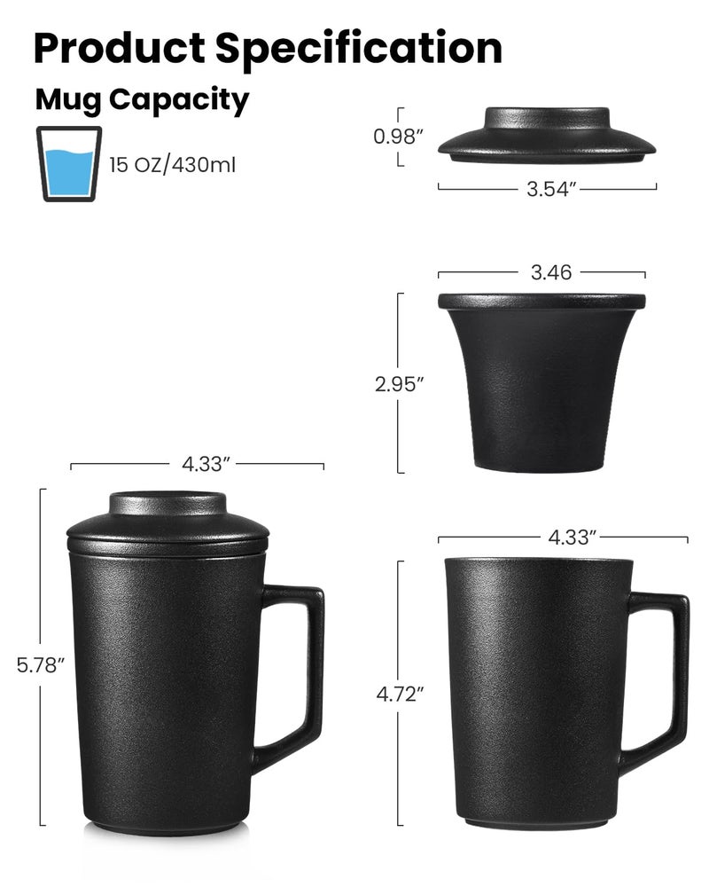 Foinly 15 oz Ceramic Tea Infuser Cup with Lid - Tea Mug with All Porcelain Strainer for Loose Leaf Teas,Microwave and Dishwasher Safe,Metal-Free,BPA-Free for Tea Lovers/Easter Day (Black) - Image 2